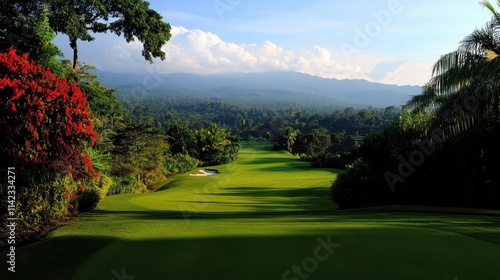 Lush Green Golf Course Surrounded by Nature and Mountains in Background