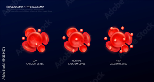 Hypercalcemia. Calcium in red blood cells on black background. Balance level of minerals and vitamins in the body. Medical science concept. Vector EPS10.