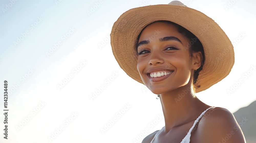 Relaxed female model in linen summer attire, warm smile under natural toned lights,