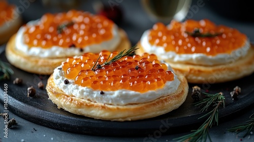 Delicious salmon roe canap?s on puff pastry with cream cheese. photo