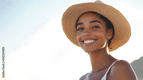 Obraz na płótnie Relaxed female model in linen summer attire, warm smile under natural toned lights, w salonie