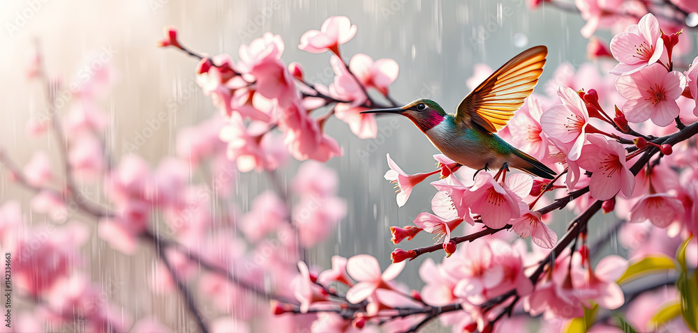 A vibrant hummingbird hovers over delicate pink cherry blossoms, displaying its iridescent feathers. Light rain falls, enhancing the beauty of the spring scene A vibrant hummingbird hovers over delicate pink cherry blossoms, displaying its iridescent feathers. Light rain falls, enhancing the beauty of the spring scene