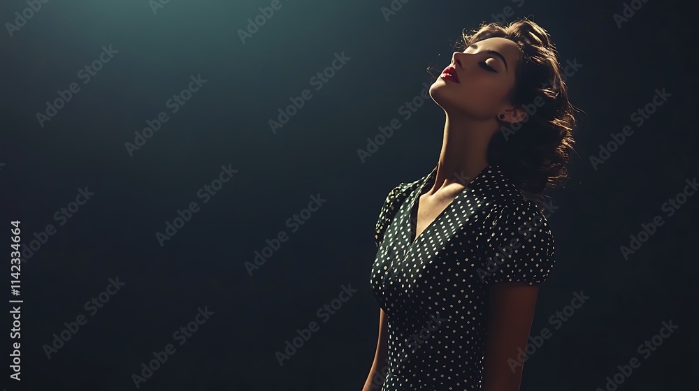 Female model in vintage polka dot dress, with retro studio lighting,