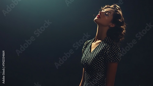 Obraz na płótnie Female model in vintage polka dot dress, with retro studio lighting, w salonie