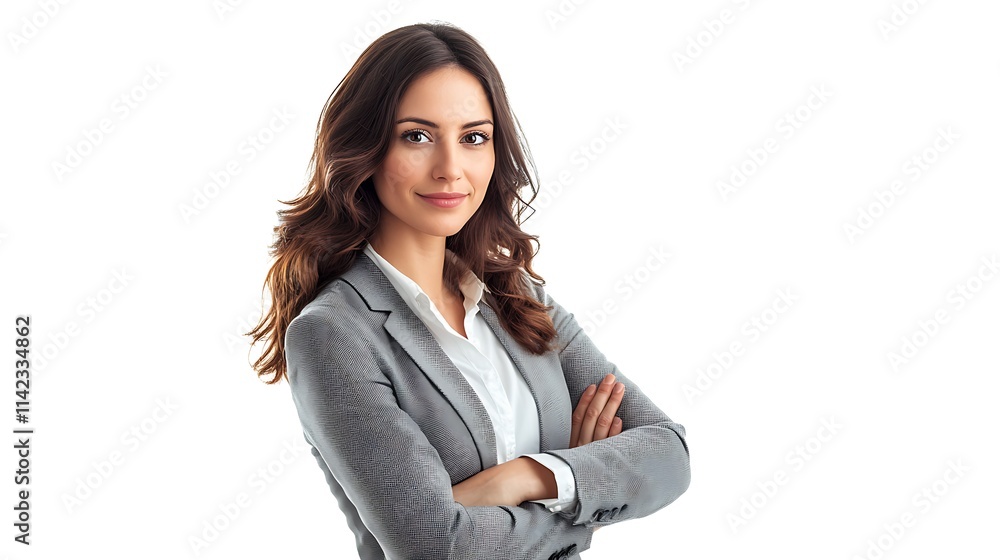 Female model in business casual attire, standing confidently with a white studio background