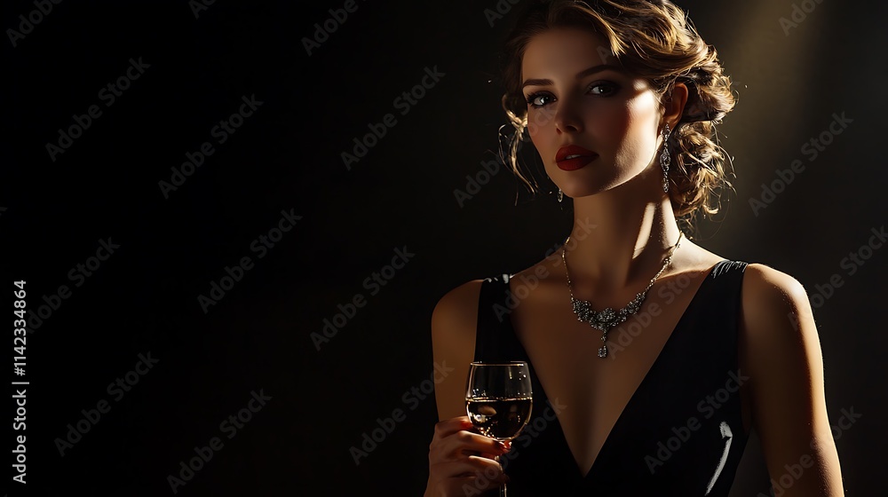 Elegant female model in black cocktail dress, dramatic shadows,