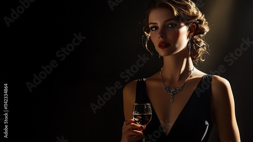 Elegant female model in black cocktail dress, dramatic shadows,