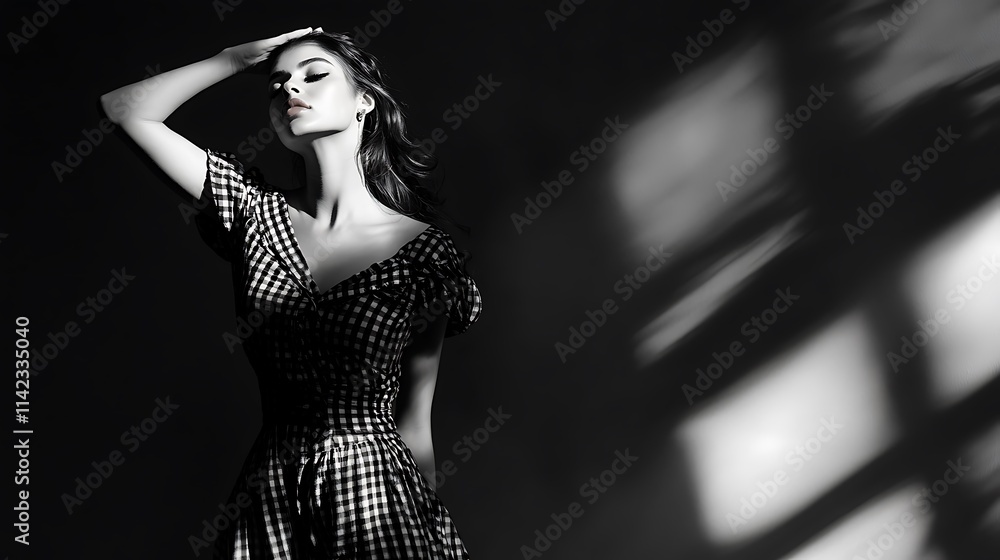 Female model in a chic monochrome dress, striking an elegant pose with soft shadow effects
