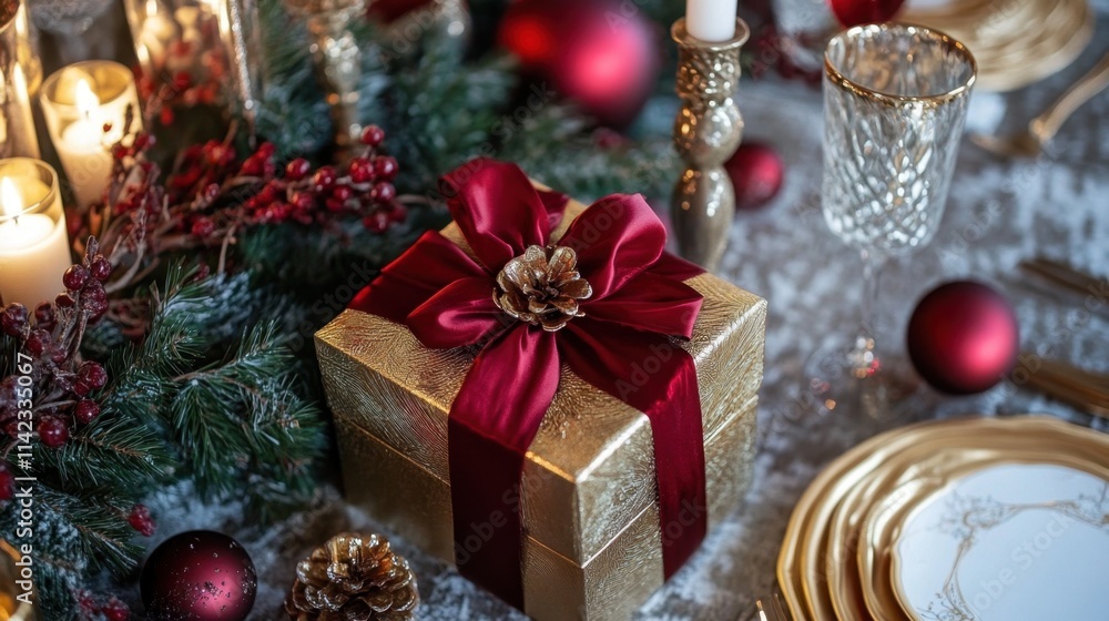 Elegant Christmas Table Setting with Gift Box and Red Decorations Elegant Christmas Table Setting with Gift Box and Red Decorations