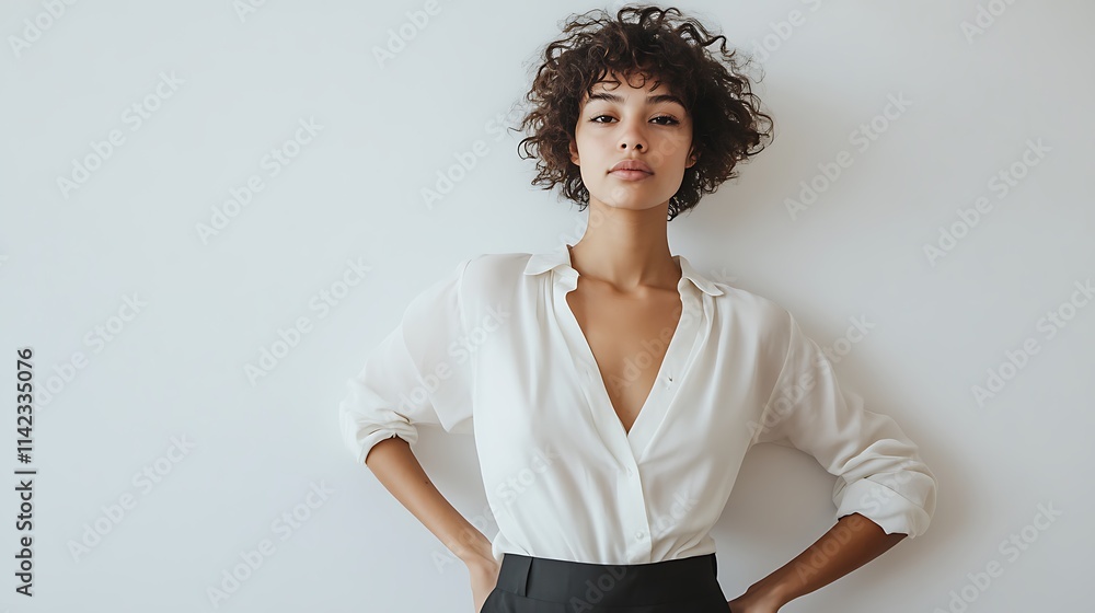 Female model posing in front of a plain white wall with confident posture