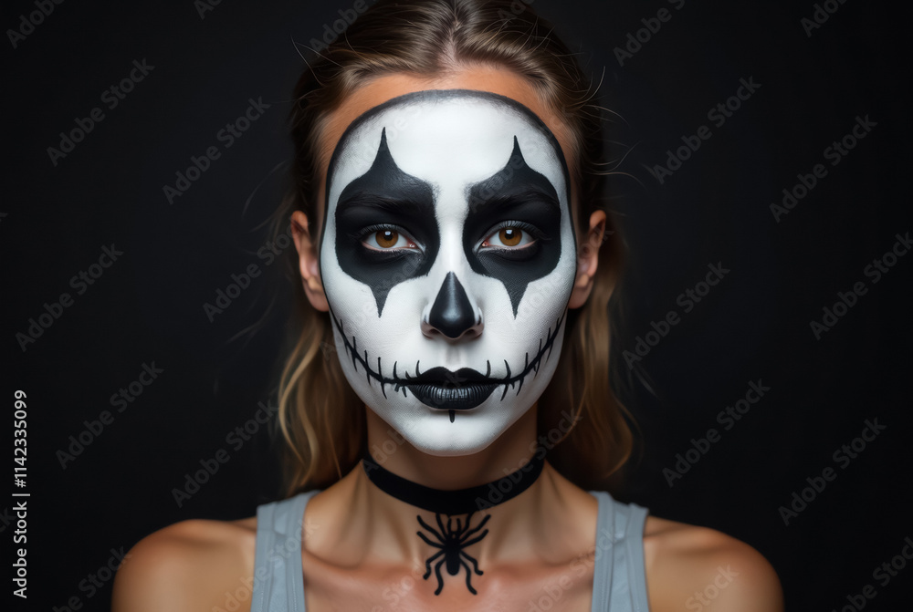 A person with skull makeup on their face against a black background. A person with skull makeup on their face against a black background.
