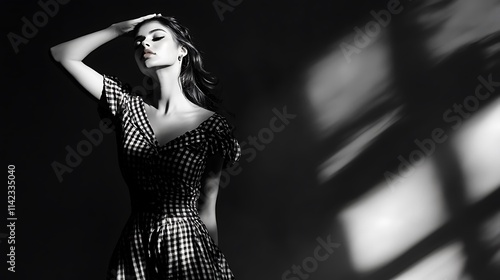 Obraz na płótnie Female model in a chic monochrome dress, striking an elegant pose with soft shadow effects w salonie