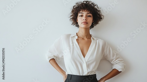 Obraz na płótnie Female model posing in front of a plain white wall with confident posture w salonie
