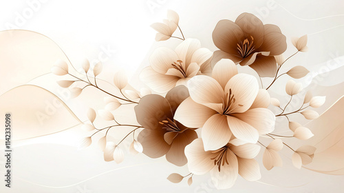 Elegant floral design featuring soft beige and brown flowers with delicate leaves. gentle curves and subtle colors create serene and calming atmosphere