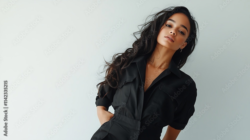 Female model in a chic black jumpsuit, posing naturally with a clean white background