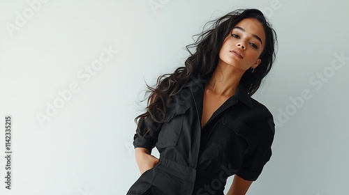 Female model in a chic black jumpsuit, posing naturally with a clean white background