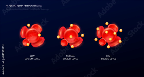 Hypernatremia is an electrolyte disorder. Sodium in red blood cells on black background. Balance level of minerals and vitamins in the body. Medical science concept. Vector EPS10.
