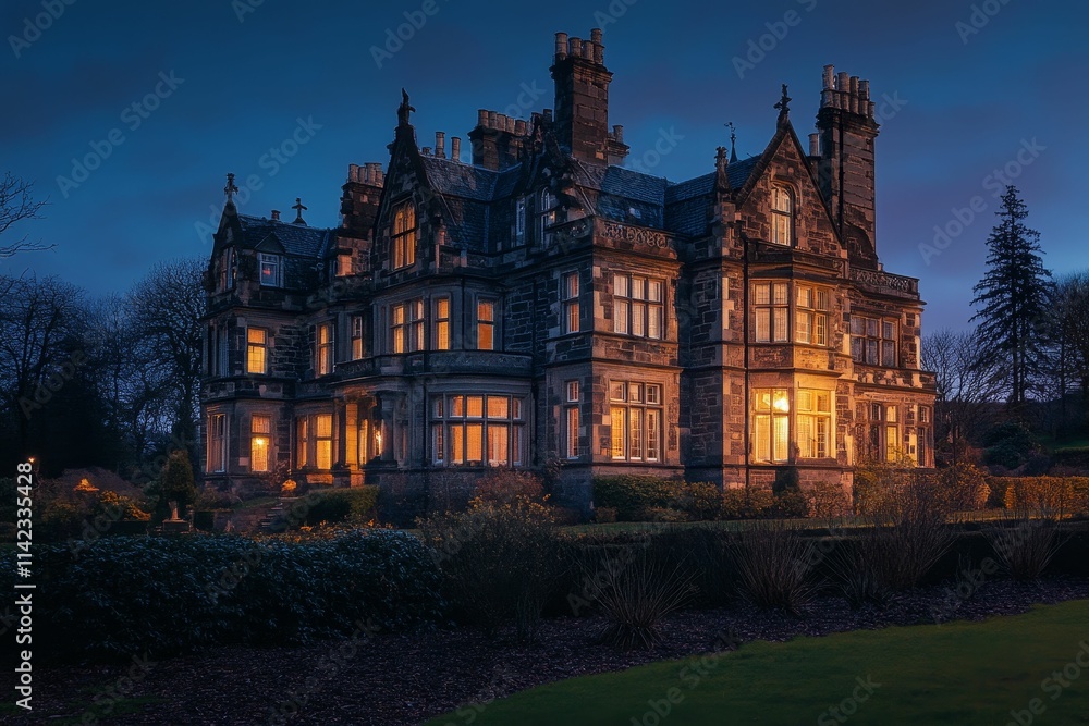 Large stone mansion, illuminated windows, twilight setting. Large stone mansion, illuminated windows, twilight setting.