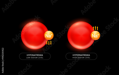 Sodium in red blood cells with up down arrows on black background. Low high level of minerals and vitamins in the body is an electrolyte disorder. Medical science concept. Vector EPS10.