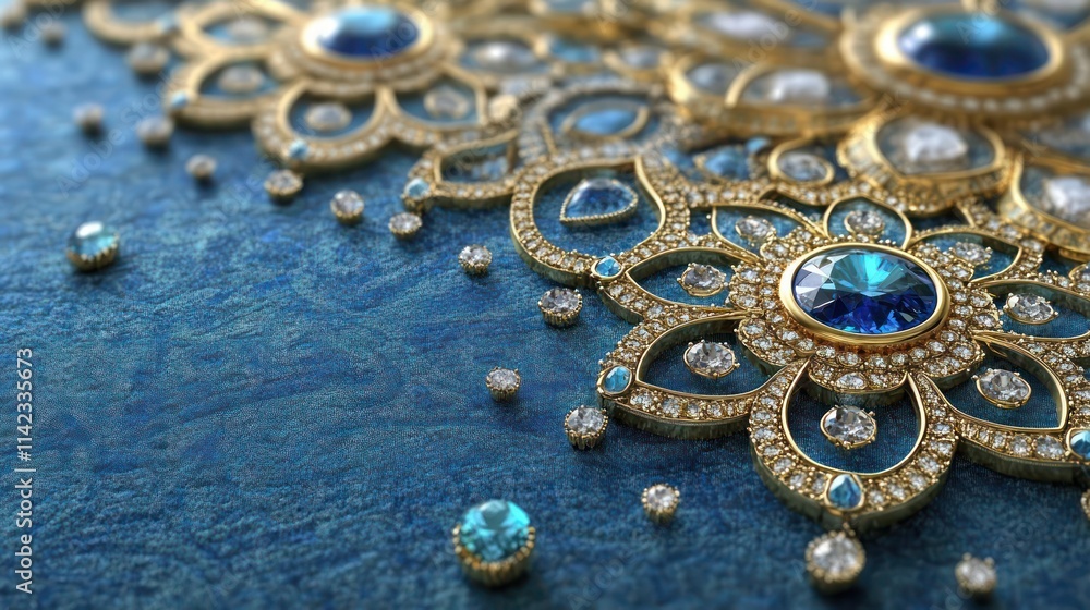 Exquisite golden floral jewelry designs with sapphires and diamonds on a textured blue background. Exquisite golden floral jewelry designs with sapphires and diamonds on a textured blue background.