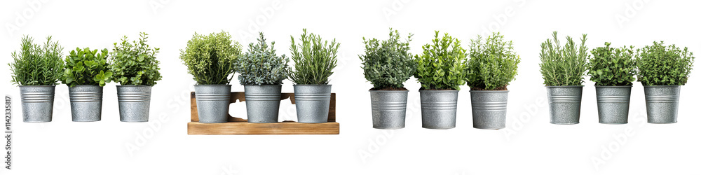 Assortment of fresh herb and spice plants in modern metal pots arranged on wooden shelves creating a natural and minimalist display for the kitchen or home office Assortment of fresh herb and spice plants in modern metal pots arranged on wooden shelves creating a natural and minimalist display for the kitchen or home office