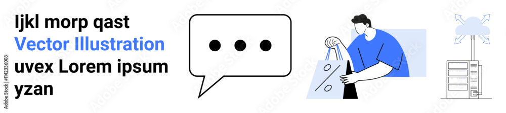Man holding discount shopping bags, speech bubble with ellipsis, wind turbine, and placeholder text elements. Ideal for e-commerce, communication, environmental campaigns, digital marketing, retail Man holding discount shopping bags, speech bubble with ellipsis, wind turbine, and placeholder text elements. Ideal for e-commerce, communication, environmental campaigns, digital marketing, retail