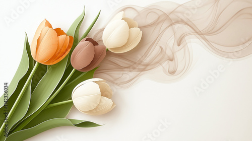 Elegant tulips in orange, brown, and cream with flowing leaves create serene atmosphere. soft colors and gentle curves evoke sense of calm and beauty