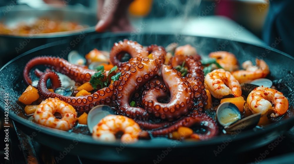 Delicious seafood paella cooking in a pan. Delicious seafood paella cooking in a pan.