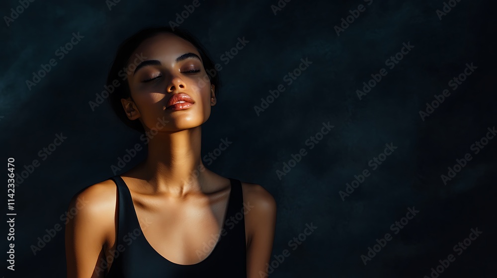 Female model in contemporary black dress, posing boldly with spotlighting