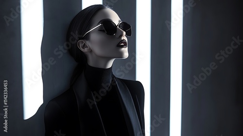 Obraz na płótnie Female model in a chic all black outfit, standing confidently in front of modern, edgy lighting effects w salonie