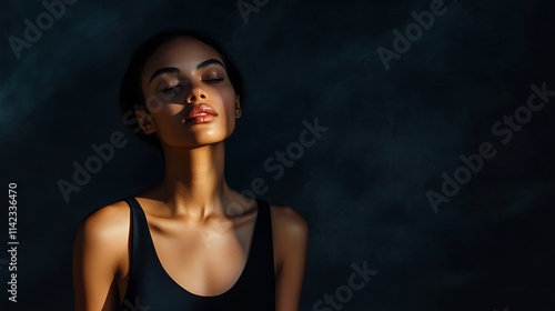 Female model in contemporary black dress, posing boldly with spotlighting