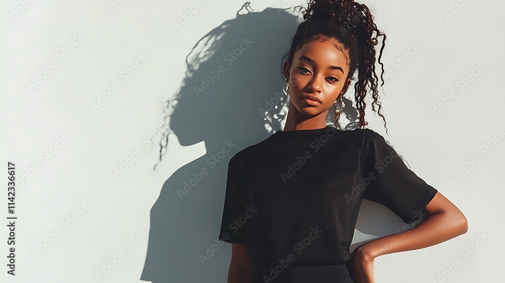 Female model in chic urban wear, standing in a minimalist studio for a stylish advertisement