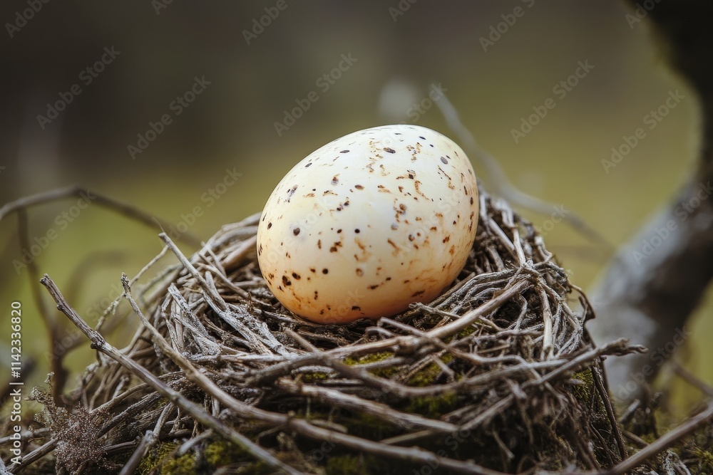 Obraz premium A speckled bird egg rests in a small, twig nest nestled on mossy branches.
