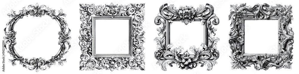 Elegant ornamental frames with intricate floral and scroll designs that add a touch of luxury and sophistication to interior spaces and decor These decorative borders feature classic baroque vintage Elegant ornamental frames with intricate floral and scroll designs that add a touch of luxury and sophistication to interior spaces and decor These decorative borders feature classic baroque vintage