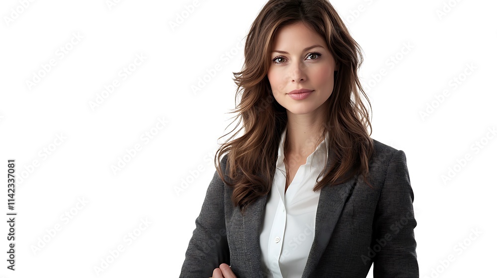 Female model in business casual attire, standing confidently with a white studio background