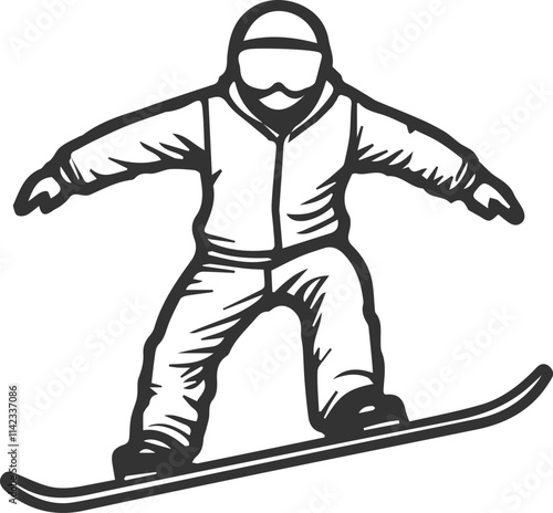 Snowboarder facing us, black line, winter vacation icon.