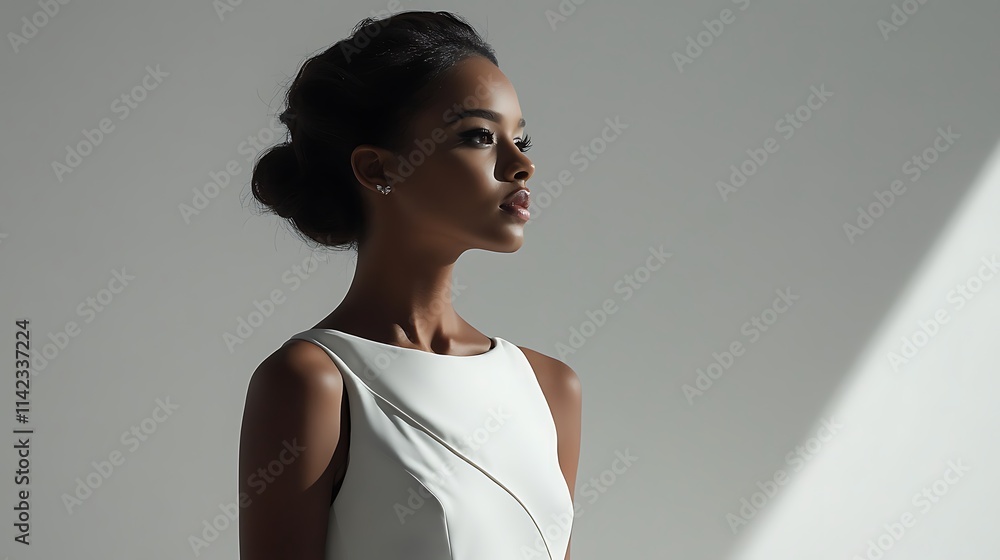 Female model in trendy, modern white dress with minimalist backdrop