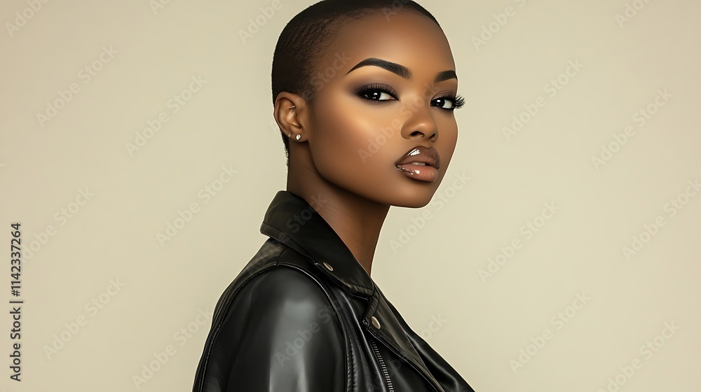Female model in a sleek leather jacket, posing with confidence against a neutral backdrop