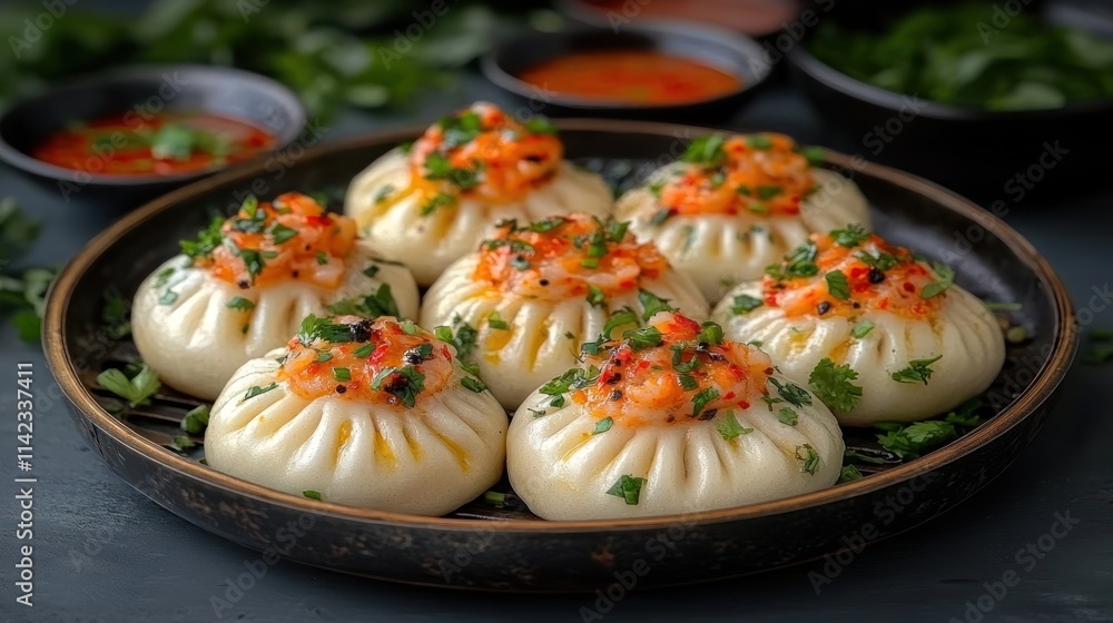 Delicious shrimp dumplings, arranged on a dark plate, garnished with fresh cilantro and a spicy chili sauce. Delicious shrimp dumplings, arranged on a dark plate, garnished with fresh cilantro and a spicy chili sauce.