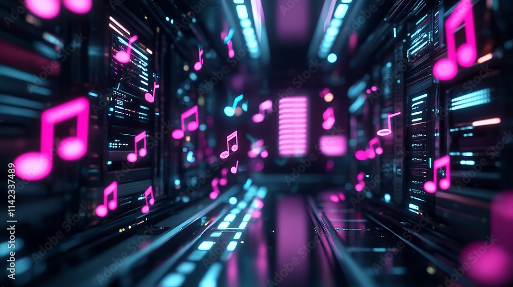 Fototapeta premium Futuristic computer design with colorful music notes, digital style and vibrant visuals