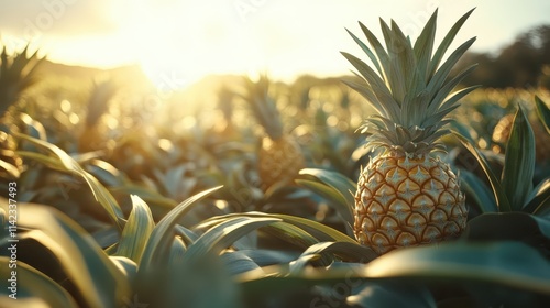 Ripe pineapple in a sunlit field, surrounded by lush green foliage. Perfect for tropical themes, agriculture, or healthy food concepts. photo