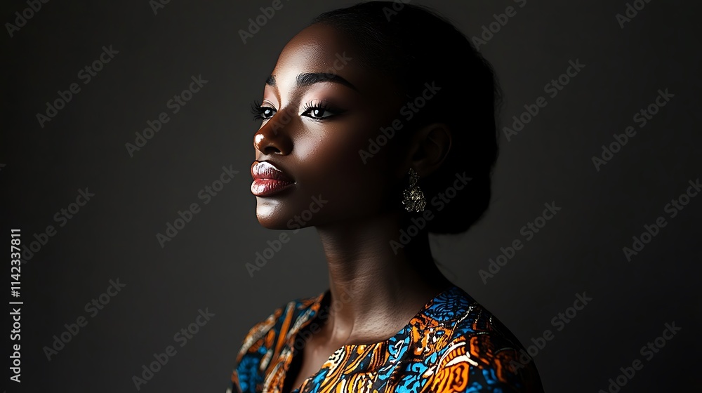Female model in bold patterned dress, posing confidently under directional lighting