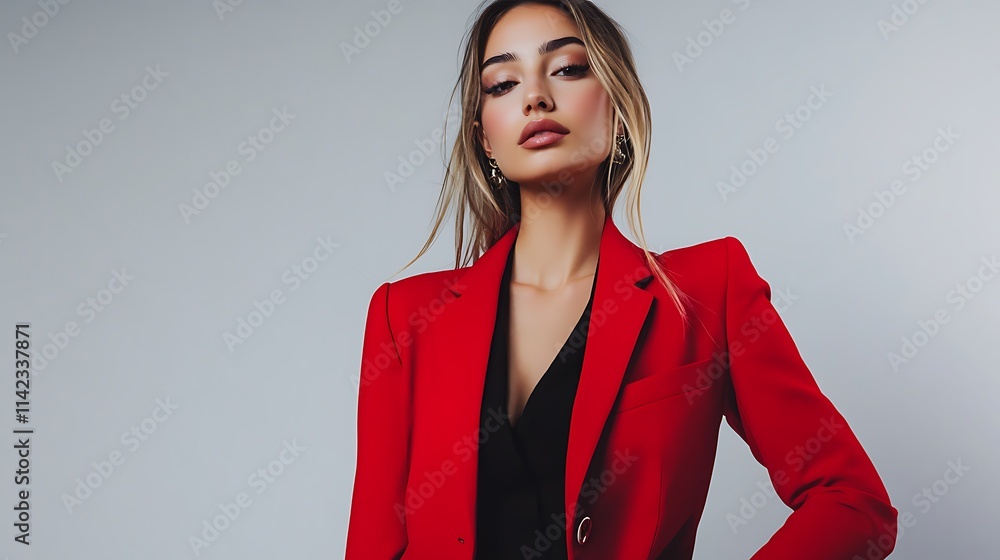Female model in a chic red blazer, striking a confident pose in a bright studio