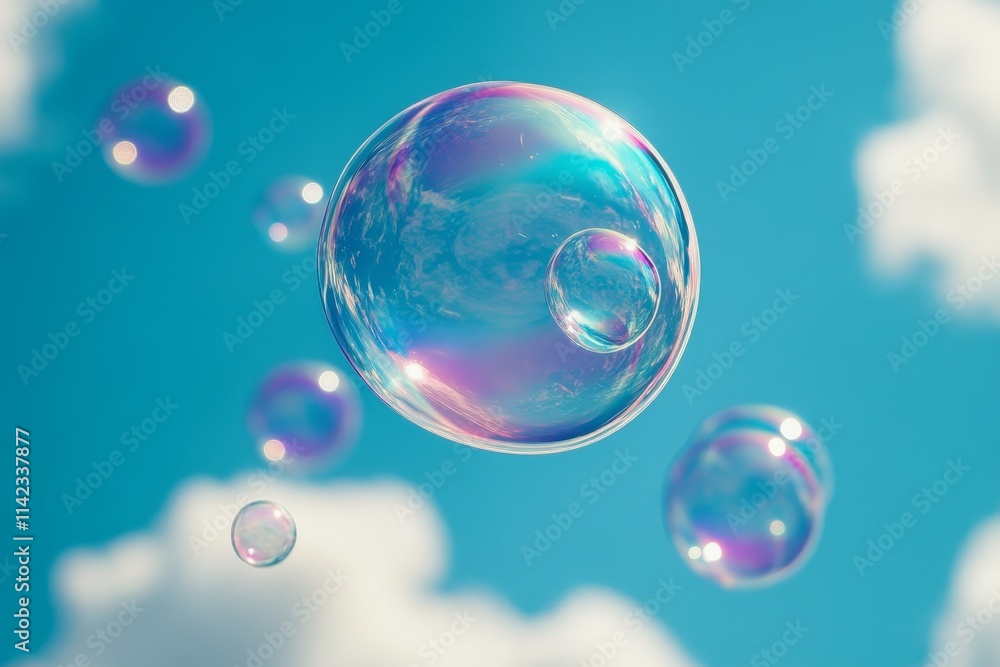 Iridescent soap bubbles float against a bright blue sky with fluffy white clouds. Iridescent soap bubbles float against a bright blue sky with fluffy white clouds.