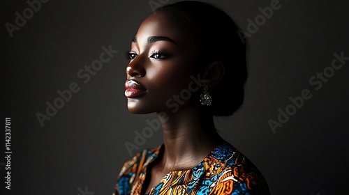 Obraz na płótnie Female model in bold patterned dress, posing confidently under directional lighting w salonie