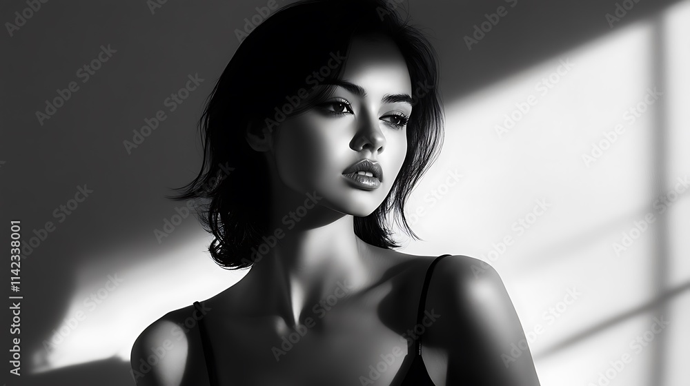 Female model in a chic monochrome dress, striking an elegant pose with soft shadow effects