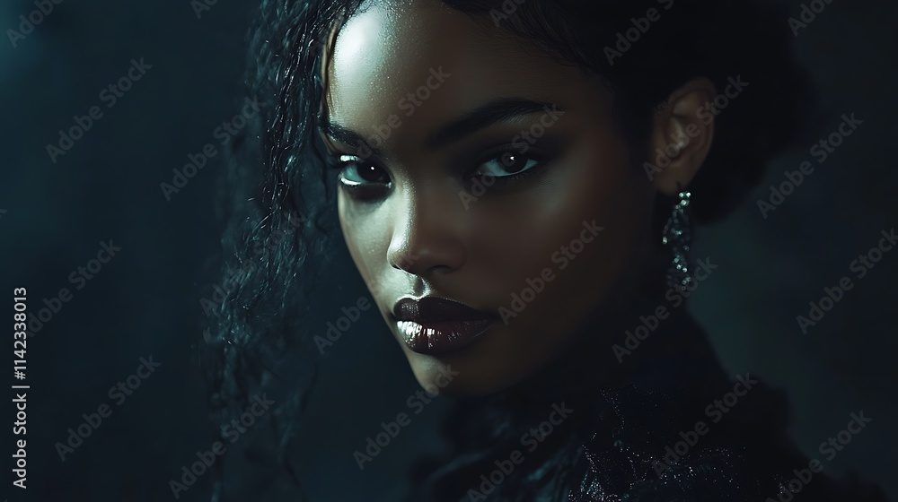 Female model in gothic inspired attire, with dark and moody lighting