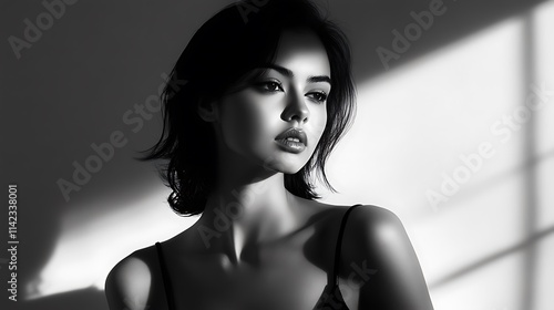 Obraz na płótnie Female model in a chic monochrome dress, striking an elegant pose with soft shadow effects w salonie