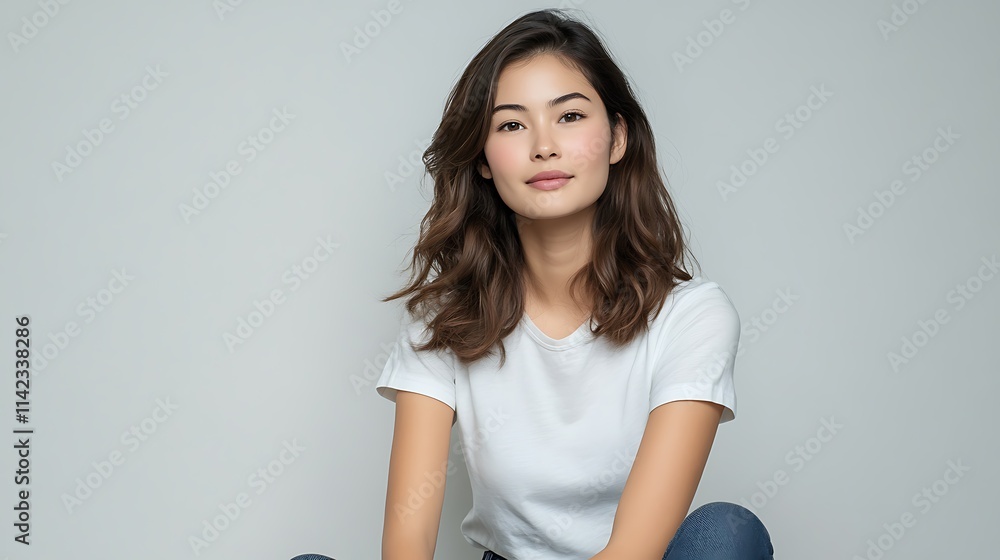 Female model in casual jeans and t shirt, smiling confidently with a friendly pose