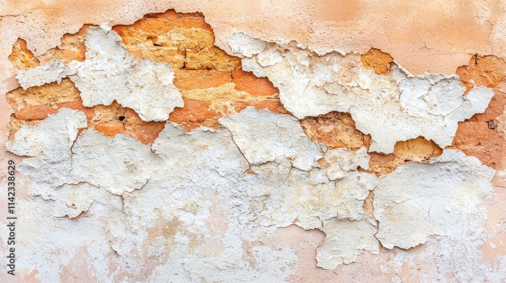 Fototapeta premium Weathered Wall with Flaking Paint Peeling Off Exposing Brick and Texture Detail